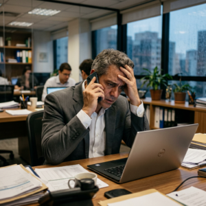 Empresário estressado ao telefone em escritório, representando os efeitos do marketing fragmentado no dia a dia da empresa