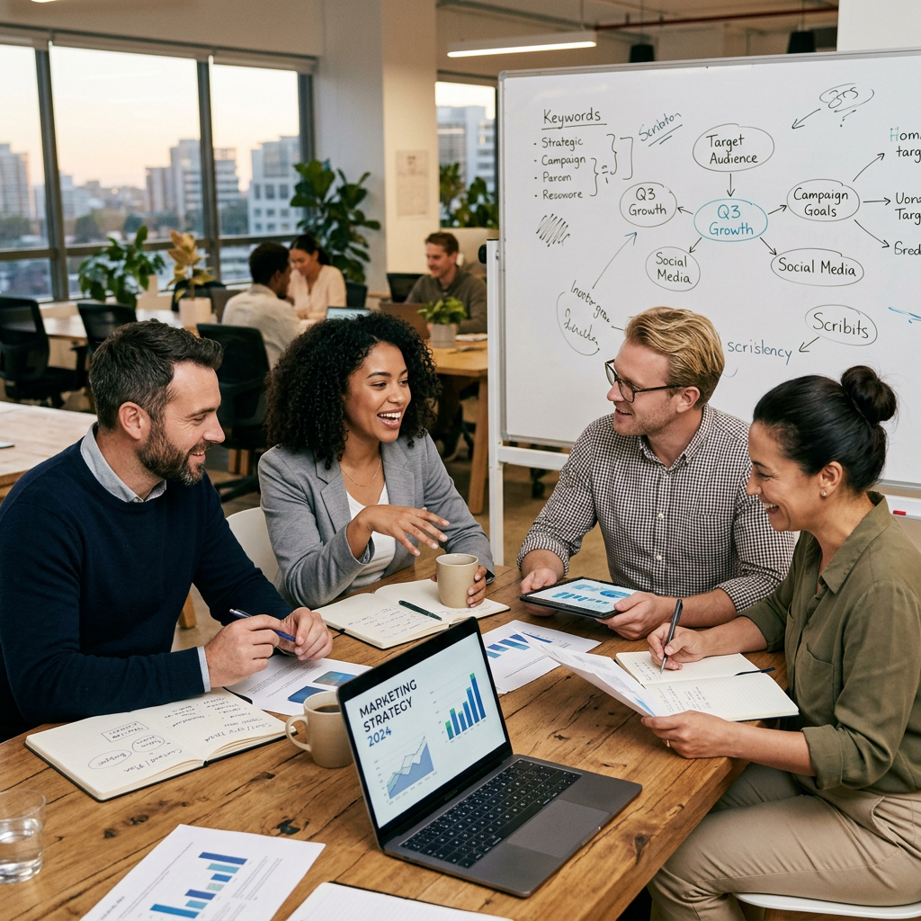 Equipe de marketing reunida discutindo estratégia com gráficos e notebook sobre a mesa