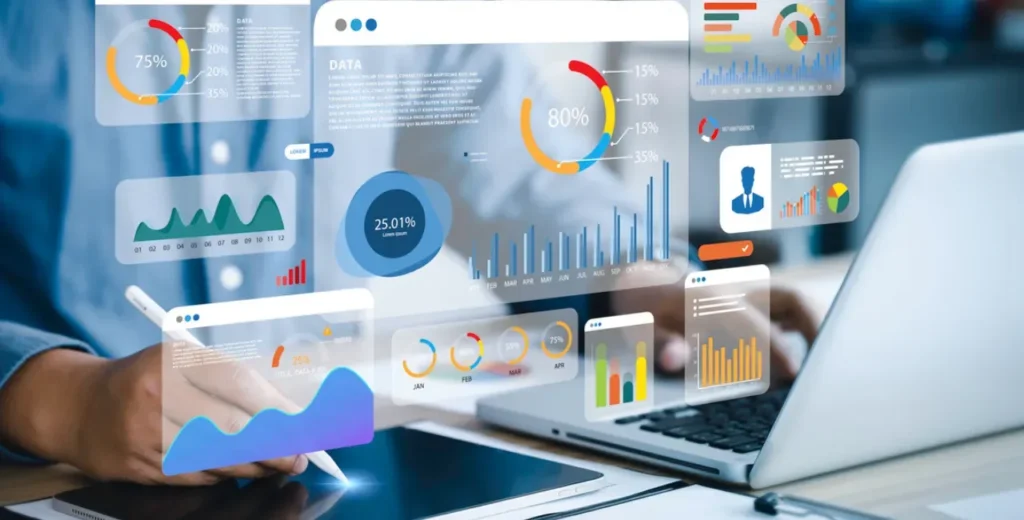 Painel de gráficos e indicadores de desempenho sobrepostos a um notebook real, representando a análise de resultados de marketing